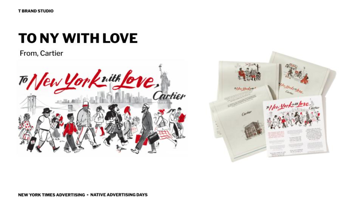 Cartier's 'To New York with Love' campaign featuring illustrated New York scenes in print.