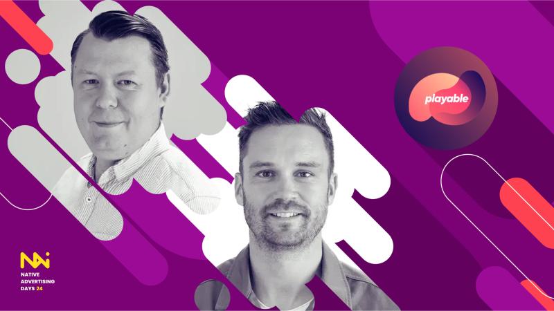 Two men, one with slicked-back hair in a light shirt and the other with short hair and a stubble, appear on a vibrant purple background with abstract shapes. The 'playable' logo is featured in the top right, and 'Native Advertising Days 24' is shown in the bottom left.