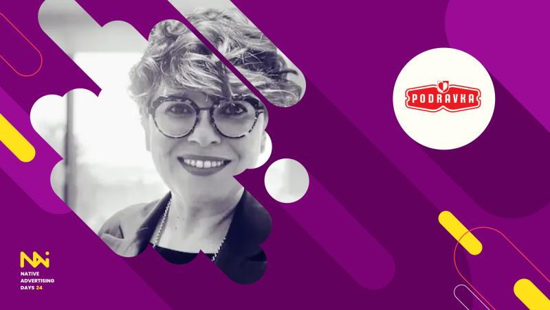 Image of a smiling woman with glasses, framed by vibrant purple, yellow, and red abstract shapes. The Podravka logo is displayed on the right. 'Native Advertising Days 24' is visible in the lower-left corner.