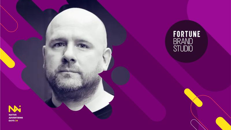 Image of a bald man with a serious expression, David Lennon, set against a vibrant purple background featuring abstract shapes. The Fortune Brand Studio logo is prominently displayed in the top right corner, with 'Native Advertising Days 24' marked in the bottom left.