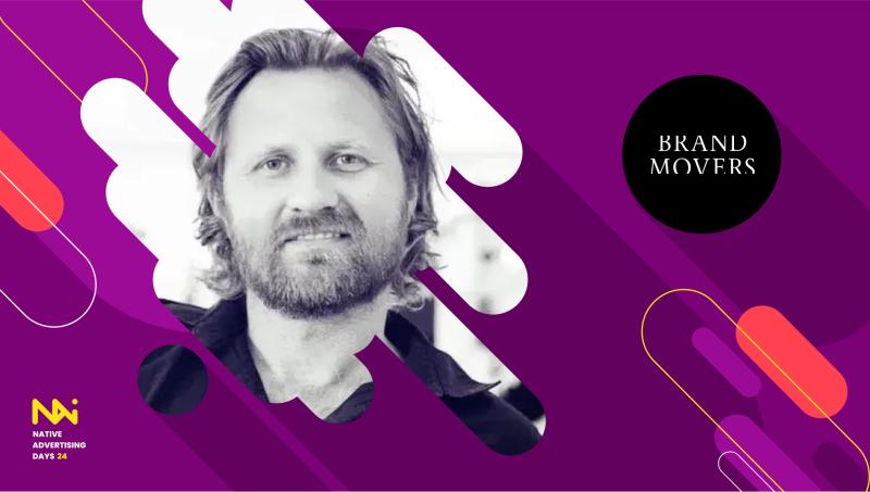 Image featuring Alexander Aude, smiling with a beard and long hair, against a purple background. The Brand Movers logo is displayed on the right, and the text 'Native Advertising Days 24' is visible in the lower left corner.