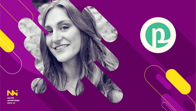 Image of a smiling woman with long hair, Annalise Nielsen, placed on a bold purple background featuring abstract shapes. The logo of Native Advertising Days 24 is positioned in the bottom left, and a teal and white circular logo appears in the top right corner.